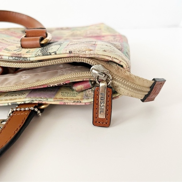 Vintage Fossil Small Leather Tote Soap Labels Print Double Strap Zip Pockets - Picture 12 of 14